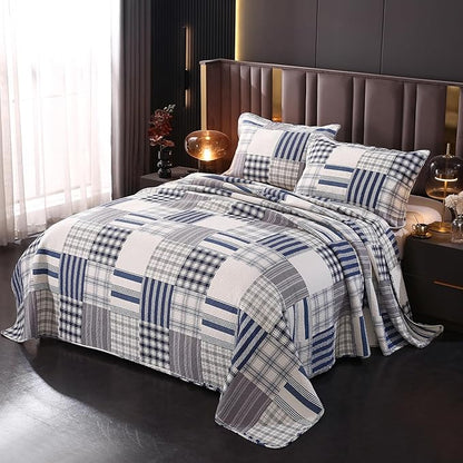 vctops Cotton Quilted Patchwork Quilt Set Queen Size Farmhouse Blue Plaid Bedspreads Coverlet 3 Pieces Summer Lightweight 1 Quilt and 2 Pillow Shams for All Season (Plaid B,Queen)