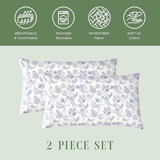 Elegant Comfort Ultra Soft Set of 2 Floral Print Pillowcases - 1500 Premium Hotel Quality Microfiber, Soft and Smooth Envelope Closure 2-Piece Pillow Covers - Standard/Queen, Paisley Indigo