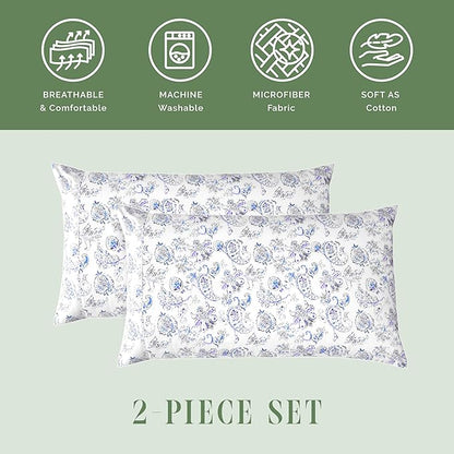 Elegant Comfort Ultra Soft Set of 2 Floral Print Pillowcases - 1500 Premium Hotel Quality Microfiber, Soft and Smooth Envelope Closure 2-Piece Pillow Covers - Standard/Queen, Paisley Indigo
