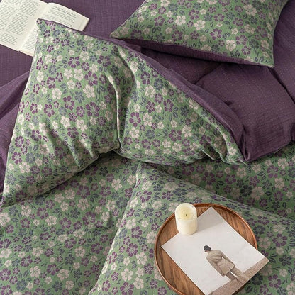VM VOUGEMARKET Green & Purple Floral Jacquard Duvet Cover Set Queen,Breathable Double Layer Gauze Farmhouse Style Bedding Set for Home