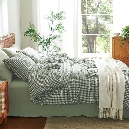 Nayoroom Gingham Duvet Cover Full Size 100% Washed Cotton Green Plaid Checkered Comforter Cover 3 Pcs Soft Breathable Grid Farmhouse Dorm Bedding Set for All Seasons