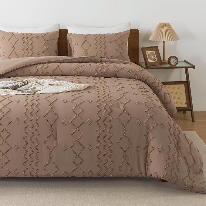 Andency Taupe Tufted Comforter Set California King(104x96Inch), 3 Pieces(1 Boho Comforter, 2 Pillowcases) Textured Farmhouse Bedding, Soft Microfiber Down Alternative Geometric Set