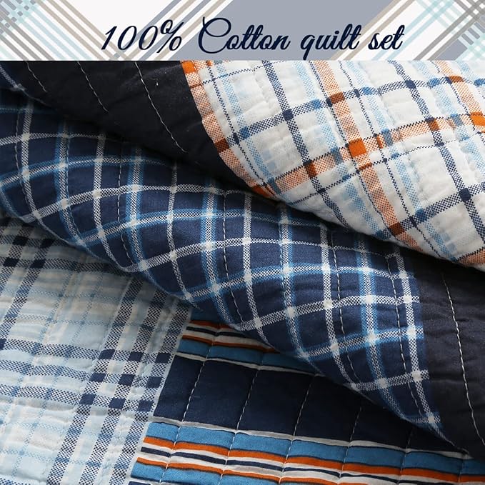 Cozy Line Home Fashions Bennett Quilt Bedding Set, Navy Orange Grid Striped 100% Cotton Reversible Coverlet Bedspread (Navy Orange, Queen - 3 Piece)