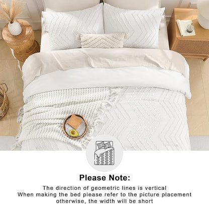 Andency White Comforter Queen, Boho Soft Fluffy Warm Lightweight Bedding Comforter Sets for Queen Bed, 3 Pieces Chevron Tufted Aesthetic Microfiber Lightweight Comforter Set