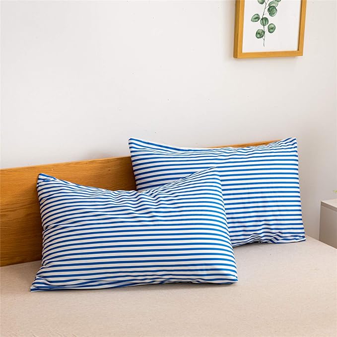 JELLYMONI 100% Natural Cotton 3pcs Striped Duvet Cover Sets,White Duvet Cover with Blue Stripes Pattern Printed Comforter Cover,with Zipper Closure & Corner Ties(Queen Size)