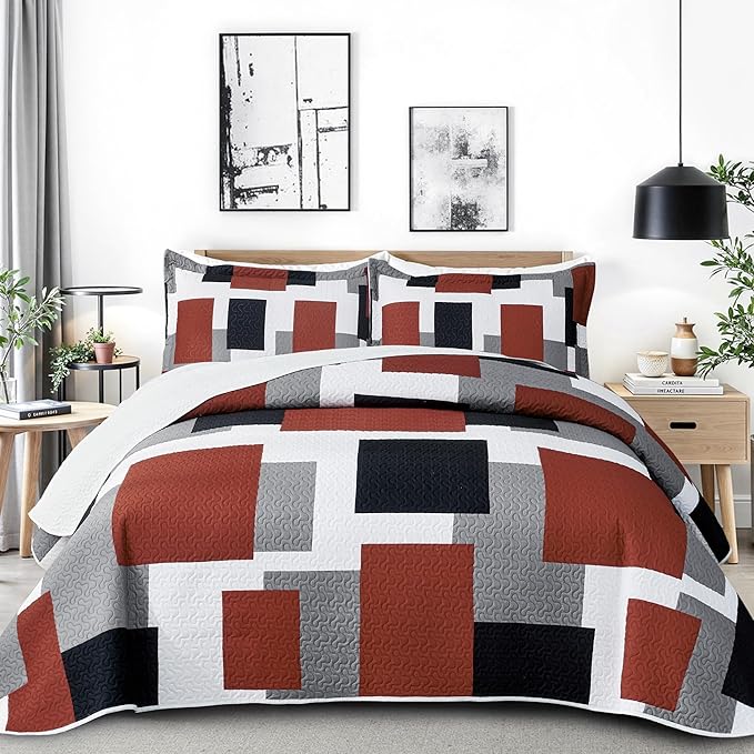 3 Piece Burnt Orange Grey Quilt Set California King Size Black White Geometric Reversible Bedding Set Microfiber Lightweight Bedspread Coverlet with 2 Shams Bed Cover for All Season, 118''x106''