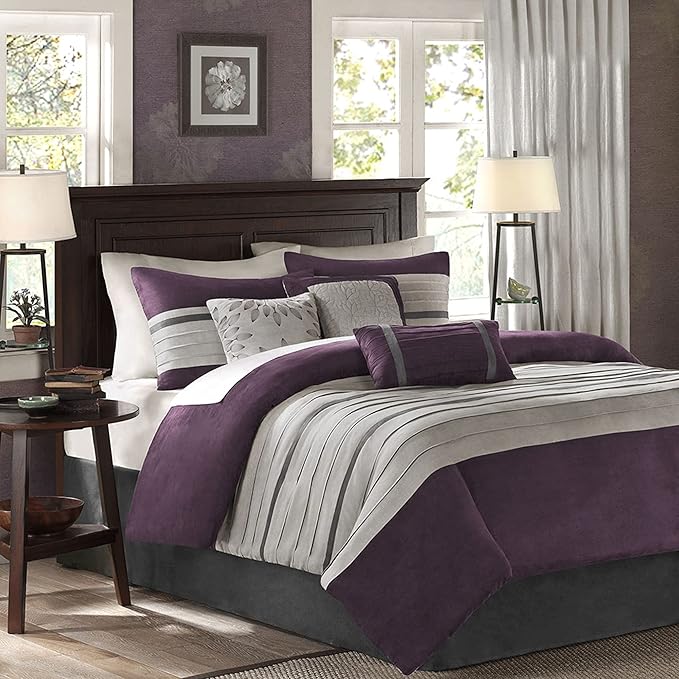 Madison Park Palmer Comforter Set - Faux Suede Design, Striped Accent, All Season Down Alternative Bedding, Matching Shams, Decorative Pillow, Bed Skirt, Full (82 in x 90 in), Purple 7 Piece