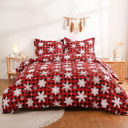 JSD Red Buffalo Plaid Snowflakes Duvet Cover Set King Size, 3 Piece Christmas Winter Printed Microfiber Duvet Comforter Covers