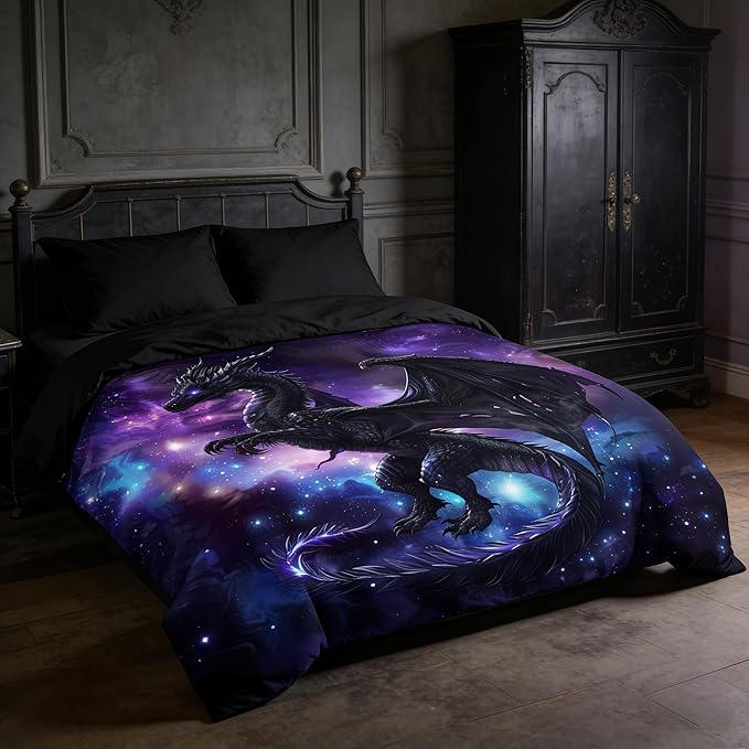 Fantasy Dragon Bedding Set Purple Blue Nebula Comforter Set Full Size Mysterious Outer Space Bedding Set for Kids Boys Girls Teens Room Decor Safari Wildlife Animals Quilt Set