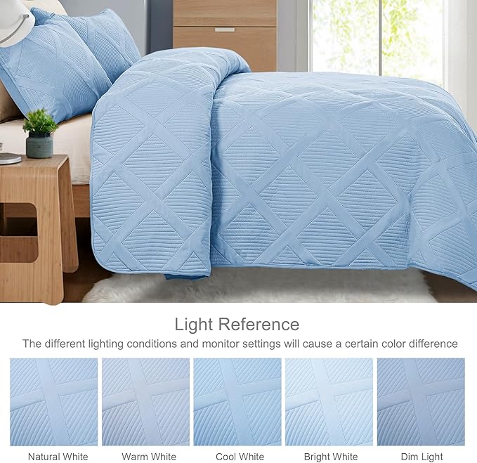 Exclusivo Mezcla King Size Quilt Set with Modern Striped Pattern, 3 Pieces Lightweight Sky Blue Quilts Bedding Set, Soft Bedspreads Coverlets for All Seasons