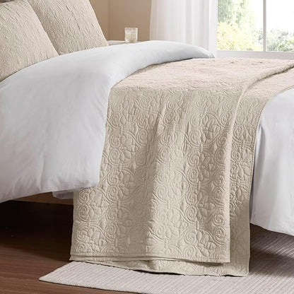 Madison Park Quebec Queen Size Quilt Bedding Set - Ivory , Damask – 3 Piece Bedding Quilt Coverlets – Ultra Soft Microfiber Bed Quilts Quilted Coverlet