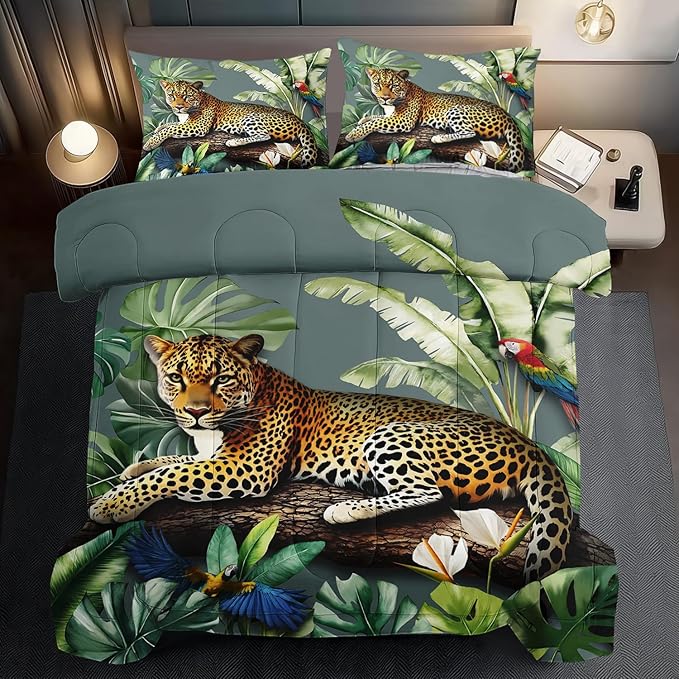 Animal Leopard Print Comforter Set Queen Animal Cheetah Print Comforter Set Boys Girls Floral Leopard Bedding Bedroom Decor Floral Cheetah Bedding Queen Jungle Plant Room Decor