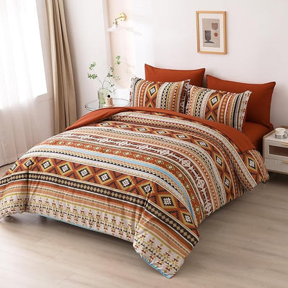 Dinjoy California King Comforter Set Size, Burnt Orange Striped Cali King Bed Set Fall Bedding Sets Terracotta 7 Pieces Boho Bed in a Bag Comforters with Sheets Aztec for Women