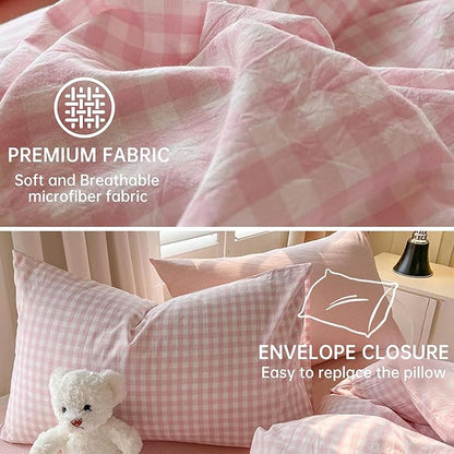 BOLINLIVING Gingham Queen Comforter Set 3 Pieces, Soft Breathable Bed in a Bag Queen Size, Pink White Checkered Plaid Bedding Set for All Season, 1 Comforter & 2 Pillowcases