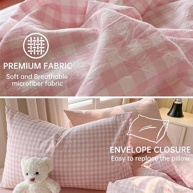 BOLINLIVING Gingham King Comforter Set 3 Pieces, Soft Breathable Bed in a Bag King Size, Pink White Checkered Plaid Bedding Set for All Season, 1 Comforter & 2 Pillowcases