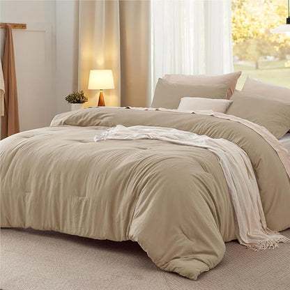 Bedsure Queen Comforter Set, Khaki Soft Prewashed Bedding for All Seasons, 3 Pieces GentleSoft™ Bed Set, 1 Lightweight Comforter (90"x90") and 2 Pillowcases (20"x26")