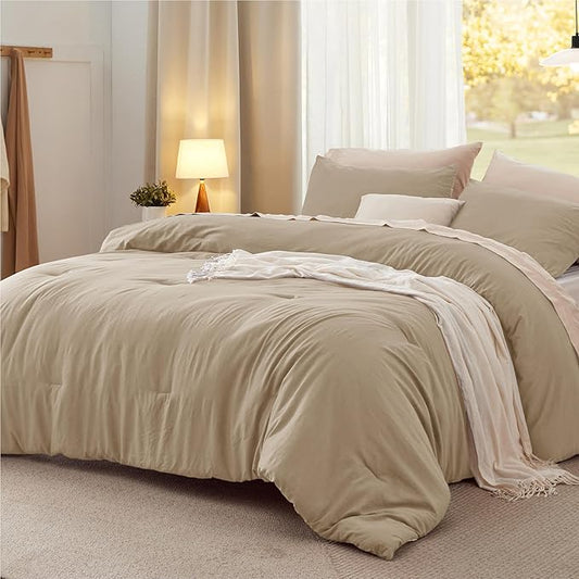 Bedsure Queen Comforter Set, Khaki Soft Prewashed Bedding for All Seasons, 3 Pieces GentleSoft™ Bed Set, 1 Lightweight Comforter (90"x90") and 2 Pillowcases (20"x26")