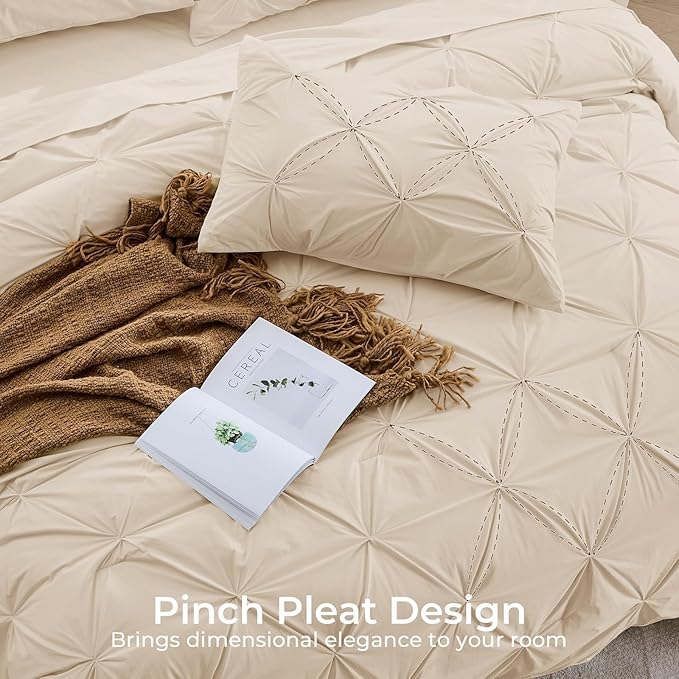 Sasttie King Size Comforter Set, 7-Piece Bed in a Bag, Pintuck Bedding Set for All Season, Includes Comforter, Flat Sheet, Fitted Sheet, Pillowcases and Pillowshams, Warm Beige