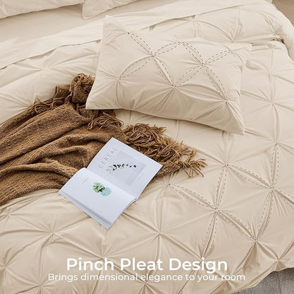 Sasttie King Size Comforter Set, 7-Piece Bed in a Bag, Pintuck Bedding Set for All Season, Includes Comforter, Flat Sheet, Fitted Sheet, Pillowcases and Pillowshams, Warm Beige