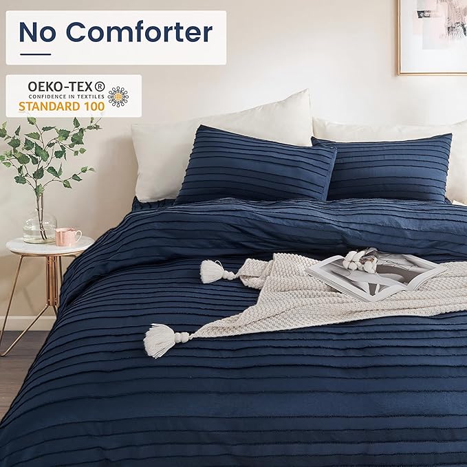 NEXHOME PRO Twin Duvet Cover,Navy 2 Pieces Boho Tufted Duvet Cover Set, Soft and Lightweight 100% Washed Microfiber Comforter Cover Set for All Season(Navy Twin, 66 x 90)-No Comforter