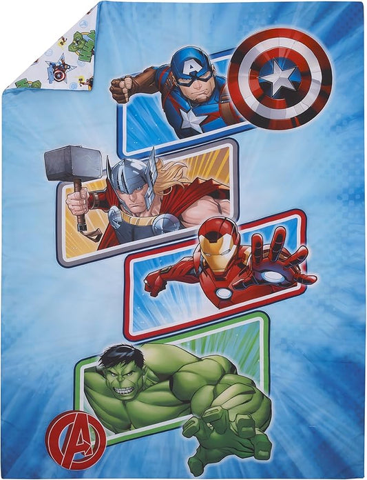 NoJo Marvel The Avengers I Am A Hero Blue, Green, Red, and Yellow 4 Piece Toddler Bed Set - Comforter, Fitted Bottom Sheet, Flat Top Sheet, and Reversible Pillowcase