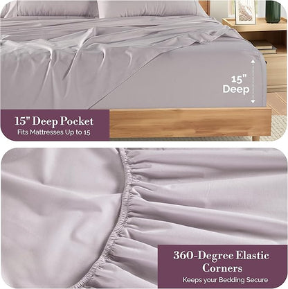 Casa Platino 100% Cotton King Size Sheets – Crisp Percale Sheets King with 4 Pillowcases, with 15" Deep Pocket Sheet for Secure Fit, Ultra Soft & Cozy, Excellent Quality & Fit – Grey Lavender