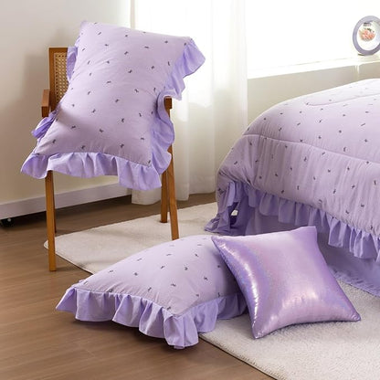A Nice Night Delicate Bows Print On Purple Background Bedding Set,Ruffle 6 Piece Bed in a Bag Matching Sheet Set,Princess Style Chic Bowknot Printed,Queen