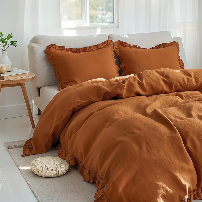Simple&Opulence 100% Linen Duvet Cover Set, 3 PCS Natural French Flax Rust Ruffle Duvet Cover Queen Size, Breathable Comfy Linen Bedding Comforter Cover with 2 Pillowcases (Rust, 88" X 92")
