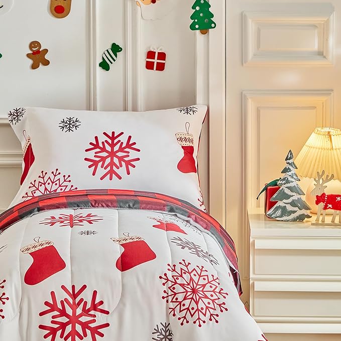 Christmas Toddler Bedding Set for Boys Girls Red White Sock Colorful Holiday 4PC Toddler Bed Set - Cute Toddler White Bed in a Bag with Gray Red Snowflake