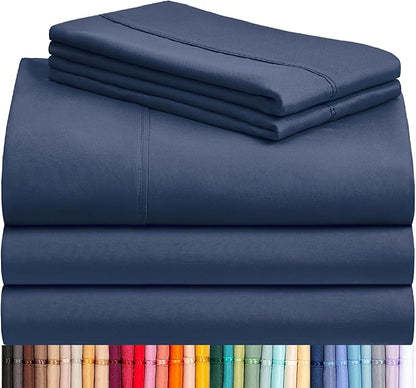LuxClub 5 PC Split King Sheet Set, Breathable Luxury Bed Sheets, Deep Pockets 18" Eco Friendly Wrinkle Free Cooling Sheets Machine Washable Hotel Bedding Silky Soft - Navy Split King