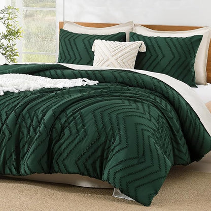 Litanika Oversized King Size Comforter Set 120x98 Dark Emerald Green, 3 Pieces Chevron Tufted Quilt Forest Green Bedding Comforter Sets, Fluffy Bed Set