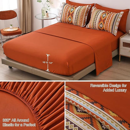 Dinjoy Burn Orange/Terracotta Comforter Set King, Lightweight Boho Bed in A Bag King Size 7 Piece Aztec Striped Bedding Set Fall Comforters Bed for Women Family(90"×104")