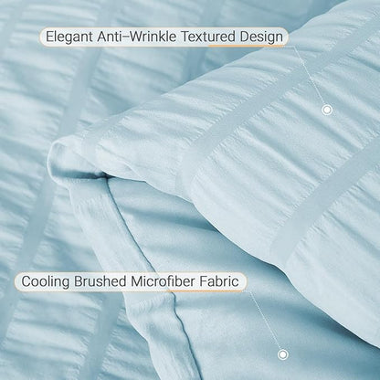 MUXHOMO 7 Pieces King Comforter Set, Seersucker Bed in a Bag King Size, All Season Luxury Bedding Set with Comforter, Flat Sheet, Fitted Sheet, Pillowcases & Shams, Lake Blue