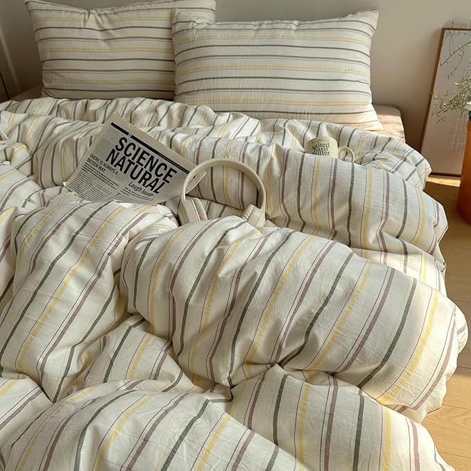 EAVD Retro Striped Duvet Cover Set Full Size 100% Cotton Chic Stripes Printed Bedding Set with 2 Pillowcases Vintage Geometric Pattern Duvet Cover with Zipper Closure(Yellow&Green&Brown, Queen)