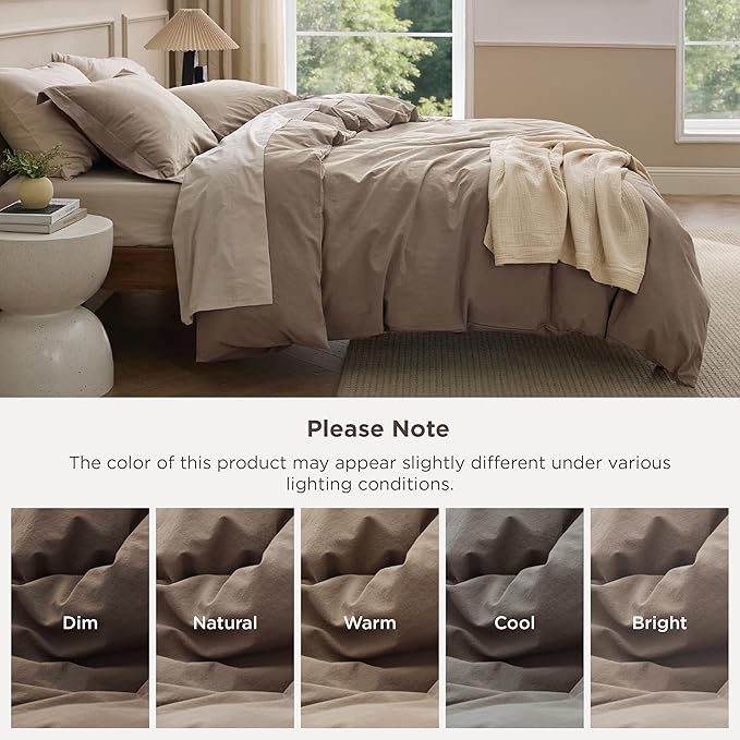 Bedsure 100% Washed Cotton Duvet Cover Oversized King - Light Brown Minimalist Bedding Set Linen Like - PureWoven Plain Simple & Soft Comforter Cover 3-Piece (Light Brown, Oversized King, 120"x98")