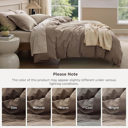 Bedsure 100% Washed Cotton Duvet Cover Queen Size - Light Brown Minimalist Bedding Set Linen Like - PureWoven Plain Simple & Soft Comforter Cover 3-Piece, 3 Pieces (Light Brown, Queen, 90"x90")