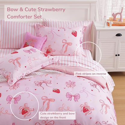 Full Size Comforter Set for Girls-7 Pieces Pink Bow Full Bedding Sets for Kids, Ultra Soft Bed in A Bag with Sheets