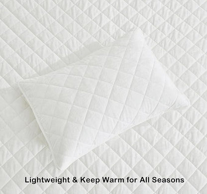 Chezmoi Collection Lux Cream White Velvet Quilt Queen Set, 3-Piece Plush Distressed Velvet Bedding All Season Lightweight Comforter Brushed Microfiber Reverse with Diamond Stitch Quilting