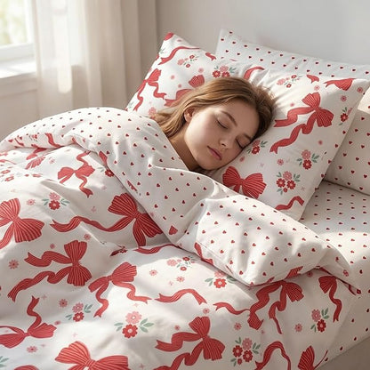 Red Bow Comforter Set King Szie for Girls, 3Pcs Ribbon Bowknot Bedding for Kids Kawaii Bedroom Decor, Dreamy Priness Girly Puple Stripe Bows Comforter Set with 2 Pillowcases, 104"x90"