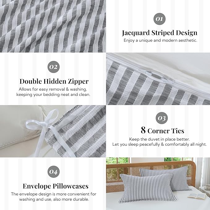 MILDLY Dark Grey Striped Duvet Cover - 100% Washed Cotton Jacquard Textured Comforter Cover with Dual Zipper Closure & 8 Coner Ties