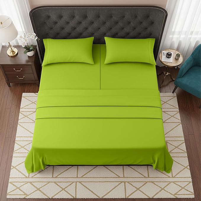 Elegant Comfort Luxurious 1500 Premium Hotel Quality Microfiber Three Line Embroidered Softest 5-Piece Bed Sheet Set, Wrinkle and Fade Resistant, Split King, Lime