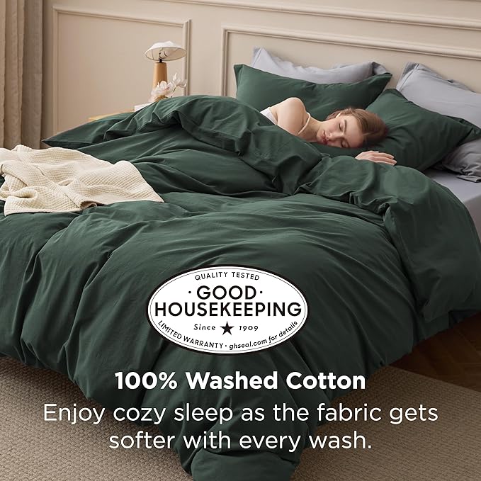 Bedsure 100% Washed Cotton Duvet Cover King Size - Forest Green Minimalist Bedding Set Linen Like - PureWoven Plain Simple & Soft Comforter Cover for All Seasons (Forest Green, King, 104"x90")