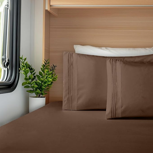 Elegant Comfort Luxurious 1500 Premium Hotel Quality Microfiber Three Line Embroidered Softest 4-Piece Bed Sheet Set, Wrinkle and Fade Resistant, RV Short Queen, Taupe
