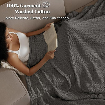 PHF 100% Cotton Waffle Weave Blanket Queen Size for Bed, Soft Lightweight & Breathable for Spring and Summer, All-Season Comfort, Luxury Aesthetic Blanket for Home Decor, 90"x90", Charcoal Grey