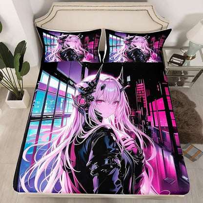 Erosebridal Japanese Anime Fitted Sheet Queen Size, Anime Girl Bedding Set Kawaii Japanese Style Bedding Set Cartoon Japan Animation Bed Set for Boys Teens Adult Women Bedroom Decor