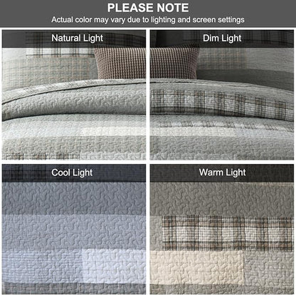 PANGUSHAN Quilt Set King Size,100% Cotton Quilt Bedspread Bedding Set,Grey(Gray)/Cream/Khaki Patchwork Plaid Farmhouse Rustic Reversible Lightweight Comforter Bed Cover King Bed,All Season,3 Pieces