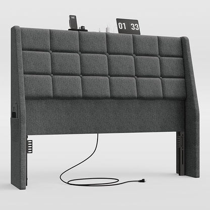 Ergonomic Upholstered Headboard Full Size w/Charging Station, Linen Wingback Headboards w/Storage Pocket, Full Headboard Only, Bed Frame Adapters, Sturdy Stable Solid Wood Bed Head Board, Dark Grey