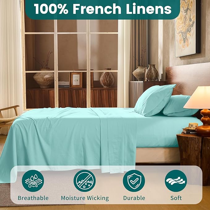 100% Linen Sheets King Size,Breathable & Durable 4-Piece Bed Flax Sheet Set,Soft All-Season Bedding for Hot Sleepers 16" Deep Pocket Oeko-TEX Certified,（King, Light Blue）