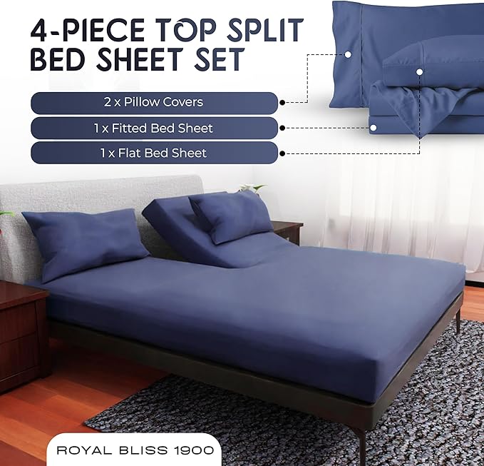 Top Split King Sheets Sets for Adjustable Bed, 4 Pcs Double Brushed Deep Pockets Microfiber Sheets, 34 Inch Split Top Fitted Sheet, 1 King Flat Sheet and 2 Pillowcase - Navy Blue