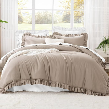 Litanika Light Coffee King Size Comforter Set, 3 Pieces Ruffle Farmhouse Aesthetic Bedding Comforter Set, All Season Soft Lightweight Fluffy Microfiber Bed Set(104x90In Comforter, 2 Pillowcases)